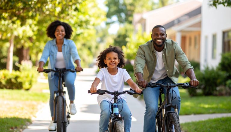 A family rides together on electric bikes through a sunny neighborhood